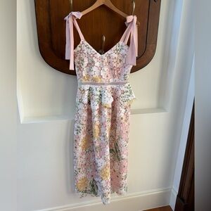 Red Dress Boutique Easter Spring Pink Floral Lace Peplum Tie-Shoulder Midi Dress